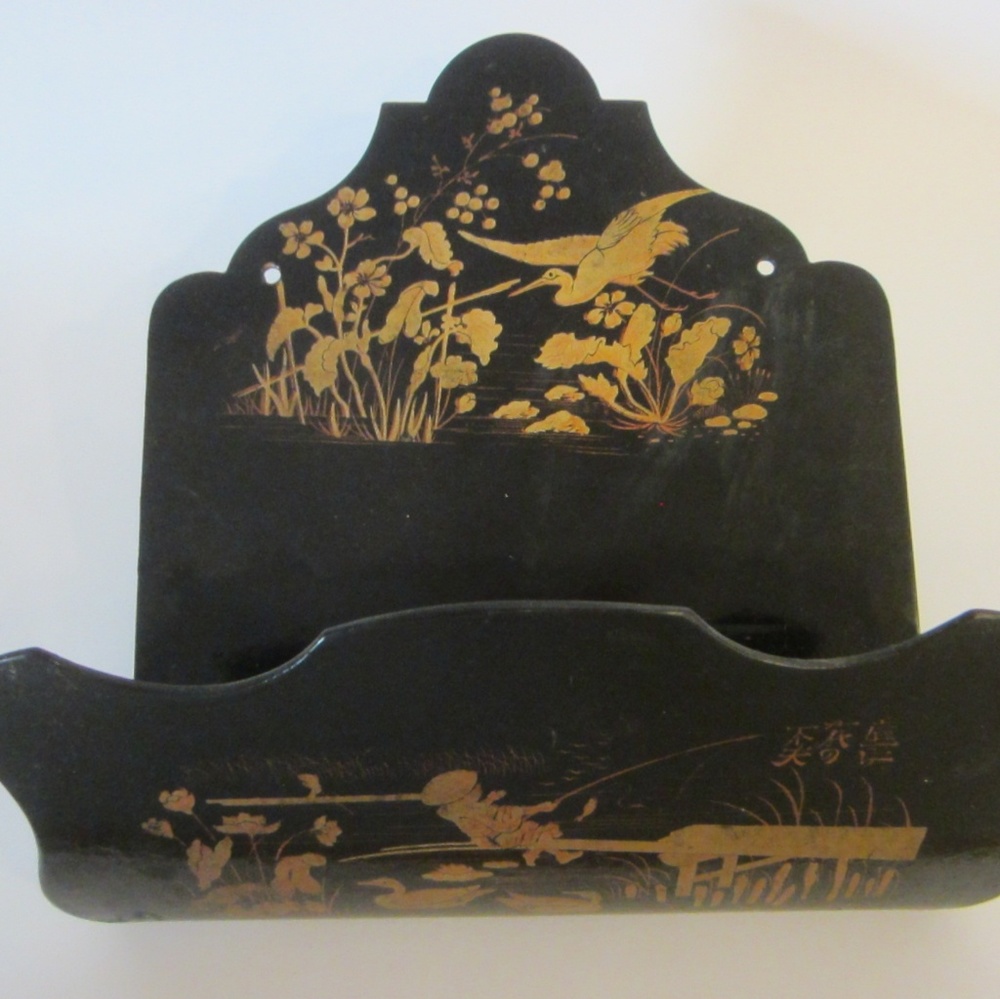 Chinoiserie Ornate Hand Painted Gilt Decorated Lacqer W Caligraphy Wall Pocket
